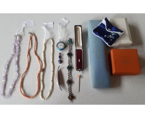 A small group of costume jewellery and enamelled ladies fob watch A/F to include a coral bead necklace, a mother of pearl nec
