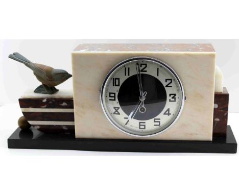 AN ART DECO MANTEL CLOCK, polished marble and slate case with cast patinated metal garden bird mount, Arabic numerals, 8-day 