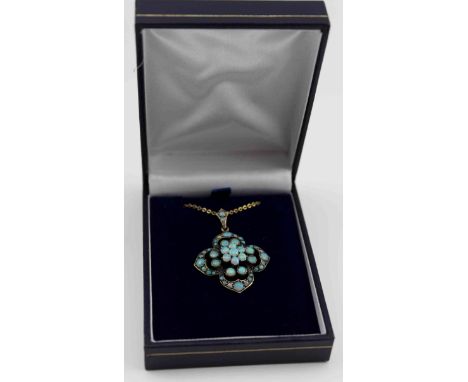 AN OPAL SET PENDANT, pierced quatrefoil form, 3cm wide, 9ct gold mounted upon a chain (boxed) 