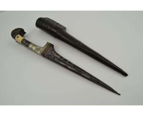 AN INDIAN MOGHUL DAGGER, chased and pin decorated horn and bone handle, shaped blade, in original decorative leather scabbard