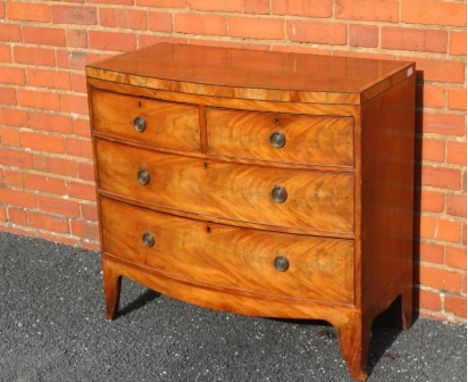 A 19TH CENTURY MAHOGANY FINISHED SMALL SIZED BOW FRONT CHEST with crossbanded caddy top, two in-line drawers over two full wi