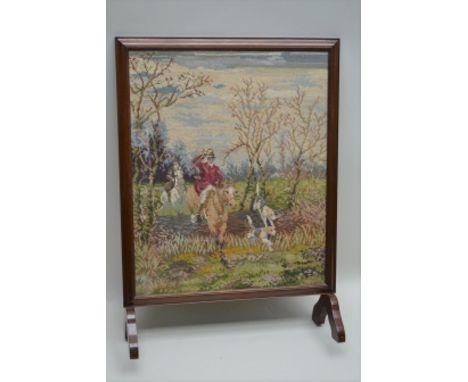 A MAHOGANY FRAMED FIRESCREEN with rectangular woolwork Hunting Scene panel, (panel 64cm x 52cm) 