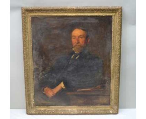JOHN SEYMOUR LUCAS RA (1849-1923) "Portrait of a Gentleman", seated at a desk, oil painting on canvas, 90cm x 77cm ornate gil