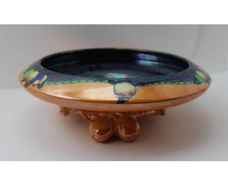 A WILKINSON LTD. LUSTRE GLAZED POTTERY FRUIT BOWL, orange and mottled blue ground with fruit decoration, 31cm diameter 