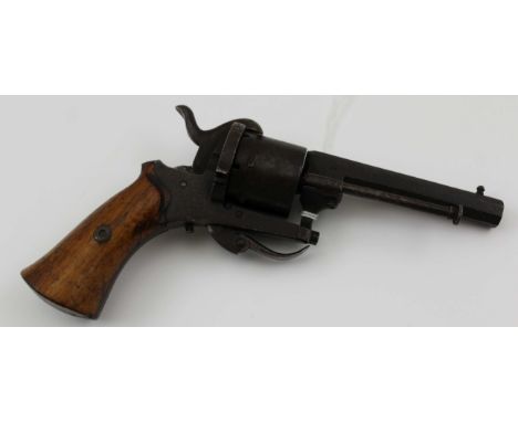 A SIX SHOT PINFIRE REVOLVER, 8cm hexagonal barrel, with manual case remover, Liege proof marks, drop down trigger, varnished 