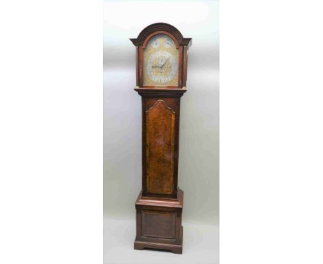 A MID 20TH CENTURY MAPPIN &amp; WEBB BRANDED LONGCASE CLOCK having mahogany carcase and walnut door and panel, the fancy gilt