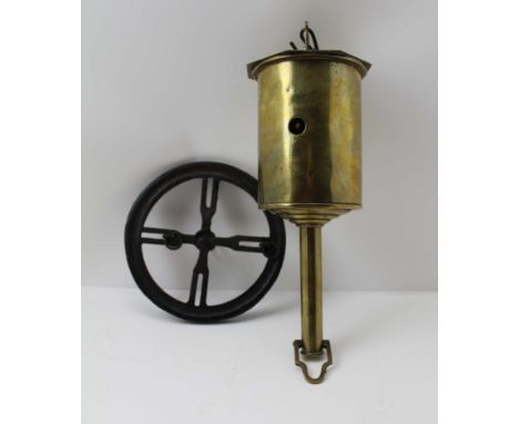 A 19TH CENTURY BRASS CLOCKWORK SPIT ENGINE, together with a cast iron hook rack suspended 