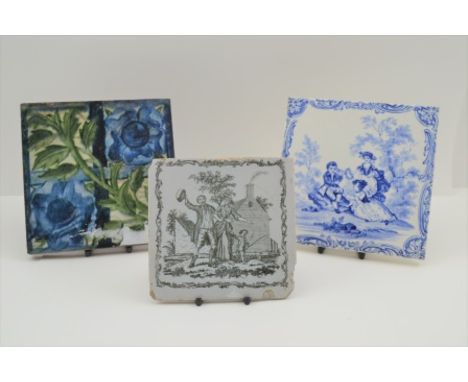 WILLIAM DE MORGAN A SQUARE GLAZED TERRACOTTA TILE, blue rose pattern, to the reverse of the tile remains of words "Architectu