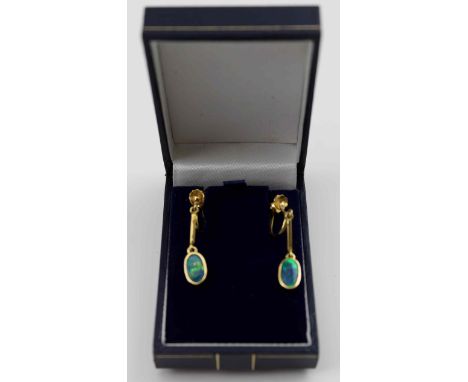 A PAIR OF OPAL DROP EARRINGS, 9ct gold set, 2.5cm drop (in vendors box) 