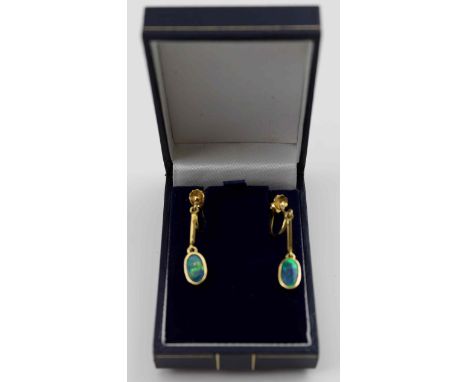 A PAIR OF OPAL DROP EARRINGS, 9ct gold set, 2.5cm drop (in vendors box) 