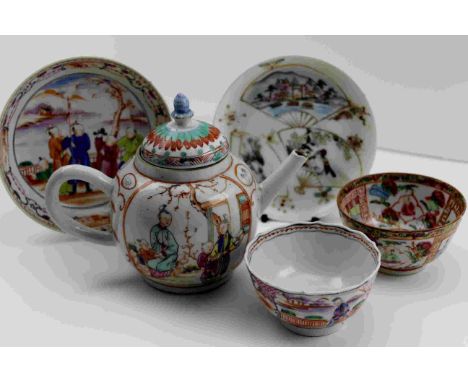 A CHINESE PORCELAIN BULLET FORM TEA POT, polychrome painted with figures in a garden, 9.5cm high (with an associated cover) t