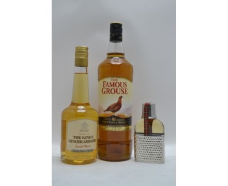 THE FAMOUS GROUSE WHISKY, 1 litre A PEWTER WHISKY FLASK by M &amp; S and BERRY'S THE KING'S GINGER LIQUEUR, 41% vol., 1 x 50c