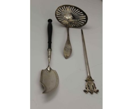 A 19TH CENTURY FRENCH SILVER SKEWER, with cast lyre terminal, 20cm long, together with a SILVER BUTTER KNIFE, having turned e