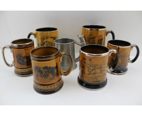 A SET OF SIX ARTHUR WOOD HUNTING &amp; COACHING DECORATED MUGS, together with a pewter 1/2 pint mug with fox handle 