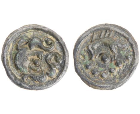 Gaul. Suessiones Potin. 2.45g. 18mm.Â&nbsp;Circa 60-25 BC. Head right with curling locks of hair around face. R. Boar right a
