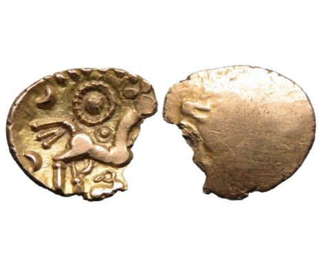 Dobunni CORIO quarter stater. Circa 20 BC-5 AD. COR on plain field. R. Triple-tailed horse right, pellet sun ring above, foal