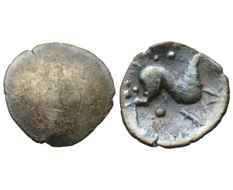 Corieltavi silver unit. South Ferriby type. 16mm, 1.13g. Blank obverse. R.Â&nbsp;Horse right, double upper front legs with ri