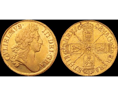 William III, 1694-1702. Gold Guinea. 1698, second bust with large lettering and large date. Laureate bust right. R. Crowned c