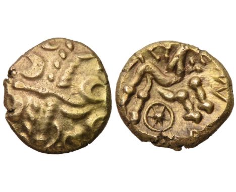 Regini &amp; Atreebates: Commios E-type gold stater. Circa 50-25 BC. Wreath design with two hidden faces. R. Horse right, whe