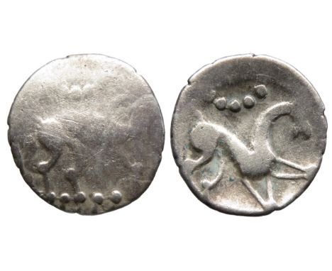 Corieltavi silver unit South Ferriby boar/horse type. Circa, 50-20 BC. Silver, 15mm, 1.14g. Stylised boar right, pellet ring 