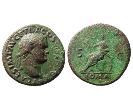 Titus As. Rome, 80 AD. 11.52g. 28mm. Laureate bust right, T CAES IMP AVG P TR P COS VI CENS. R. S C, Roma seated left. ROMA i