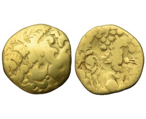 Ambiani gold quarter stater, circa 2nd century BC. Flamboyant wreathed head right. R. Horse right, various motifs around. Gol