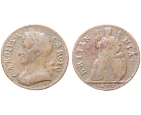 Charles II 1672 Farthing. Copper, 5.17g. 22mm. Laureate bust left, CAROLVS II CAROLO. R. BRITANNIA, date below. Britannia sea