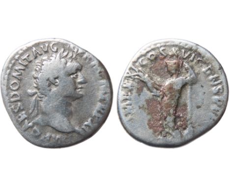 Domitian Denarius. 90 AD. IMP CAES DOMIT AVG GERM P M TR P X, laureate head right. R. IMP XXI COS XV CENS P P P, Minerva stan