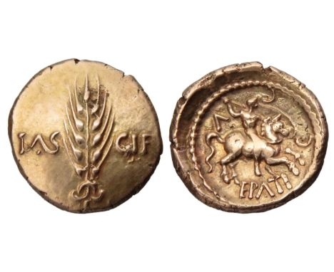 Regini and Atrebates: Epaticcus Corn Ear Warrior gold stater. Circa 20-40 AD. Corn-ear dividing TAS CIF. R. Warrior on horseb