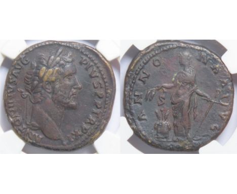 Antoninus Pius, 138-161 AD. AE sestertius, 28.57g. NGC XF 5/5 - 3/5. Rome, 147-148 AD. ANTONINVS AVG-PIVS P P TR P XI, laurea