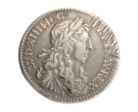 France: Louis XIV 5 Sols 1663 (1/12 Ecu). Silver, 2.23g. 20mm. Laureate and draped bust right, LVD XIIII D G FRET NAV REX. R.