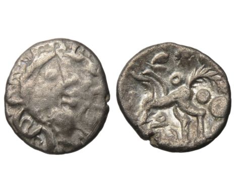 East Wiltshire. Circa 50 BC. Upavon moon head silver unit. 13mm, 1.06g. Moon head right, three crescents for hair, large chin