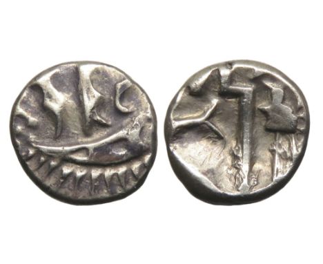 Durotriges silver quarter stater, circa 1st century BC. Three men in a boat design, pellets to left. R. Zigzag thunderbolt ac