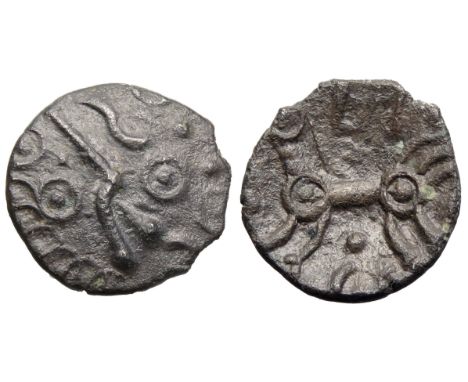 Dobunni silver unit. Eisu, 20-43 AD. Silver,&nbsp; Crude head right, pellet triads for hair, pellet in ring for eye, cross an