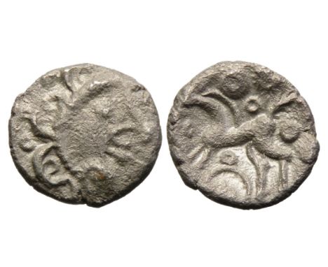 East Wiltshire. Circa 50 BC. Upavon moon head silver unit. 12mm, 0.93g. Moon head right, three crescents for hair, large chin