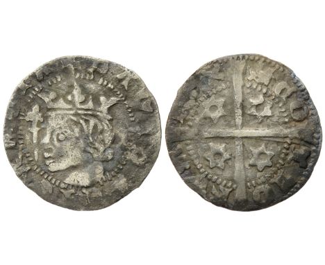 David II penny. Second issue, circa 1351-7 AD. Crowned head left with sceptre, +DAVID DEI GRA REX. R. Cross with mullets of s