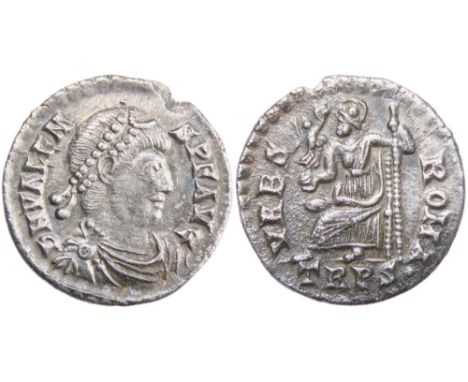 Valens Silver Siliqua, 367-375 AD. Trier. 1.5g. DN VALEN-S PF AVG, Pearl-diademed, draped and cuirassed bust right. R. VRBS R