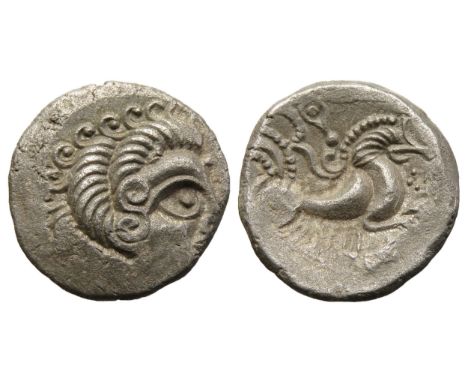 Coriosolites: Ogmios and Boar stater. Circa 1st century BC. Head right. R. Bird headed horse right, boar below. 20mm, 6.43g. 