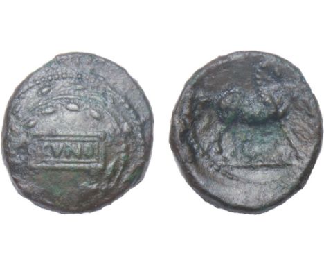 Catuvellauni and Trinovantes: Cunobelinus Stepping Horse bronze unit. 8-41 AD. 16mm. 2.31g. CVNO in tablet within wreath. R. 