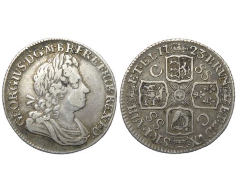 George I Shilling 1723. SSC. Laureate and draped bust right, GEORGIVS D G M BR FR ET HIB REX F D. R. Crowned cruciform shield
