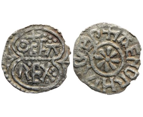 Archbishop Jaenberht, 765-792 AD under Offa of Mercia, 780-792 AD.Â&nbsp;Small cross pommÃ©e within inner circle, petals in a