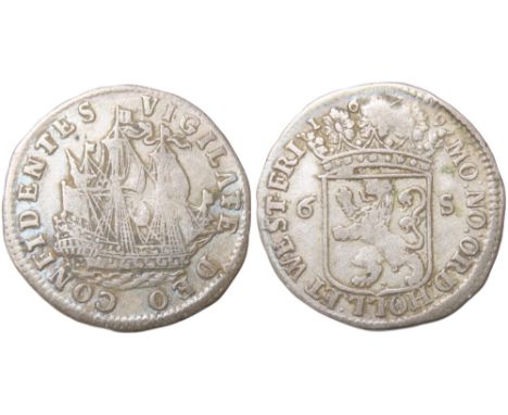 Netherlands Six Stuiver. 1679. Crowned shield of arms between 6 &amp; S. MO NO ORD HOLL ET WESTFRI. R. Tall ship right, VIGIL
