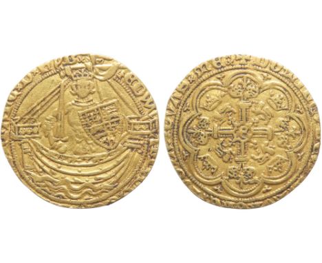 Edward III Gold Half Noble. Fourth coinage, pre-treaty period, 1351-1361. King standing facing within ship, holding sword and
