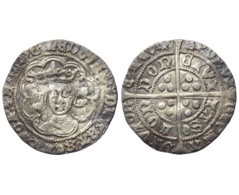 Edward IV groat. Light coinage, 1464-70 AD. London. Struck from heavy coinage dies. Crowned facing bust, annulets at neck. Mi