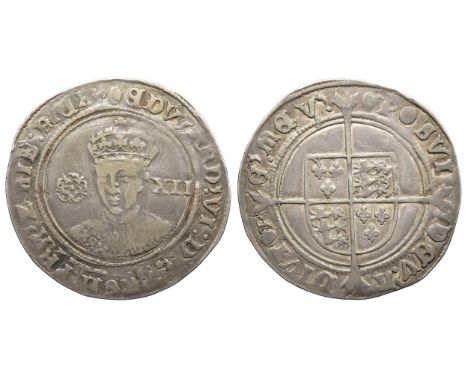Edward VI Shilling. Fine silver issue, 1551-3 AD. 5.91g. 34mm. Crowned facing bust, rose left, XII mark of value right. EDWAR