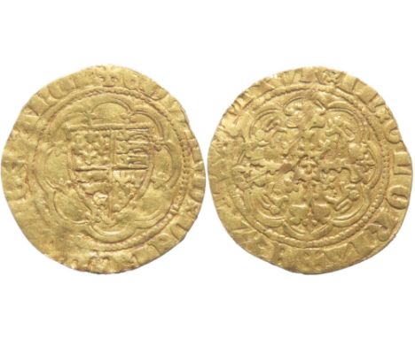 Edward III Gold Quarter Noble. Treaty period, 1361-69 AD. Shield of arms within tressure. R. Royal cross within tressure, lis