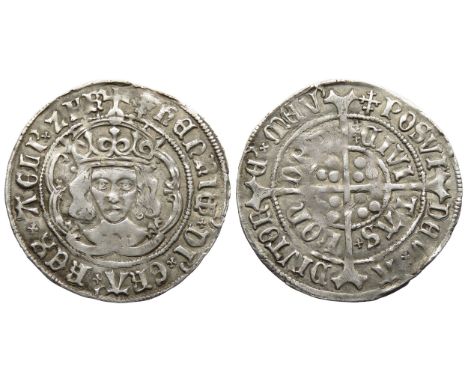 Henry VII Groat. 1485-1509 AD. London mint. Class IVa. Single arch crown, double bar. Crowned facing bust, HENRIC DI GRA REX 