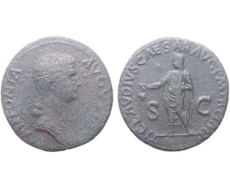 Antonia As, 41-45 Rome mint. Draped bust right, ANTONIA - AVGVSTA. R. TI CLAVDIVS CAESAR AVG P M TR P IMP, Claudius standing 