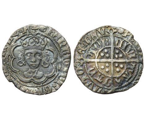 Henry VII halfgroat, 1485-1509 AD. Canterbury. Crowned facing bust with arched crown, mint mark tun. R. Cross with pellets in