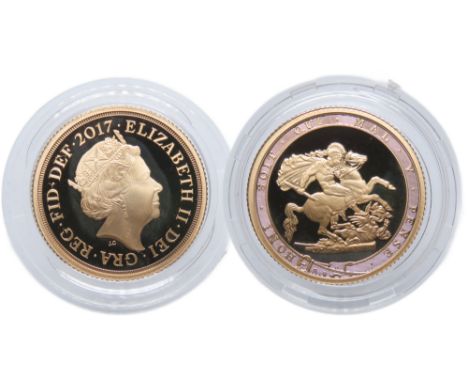 Royal Mint, Elizabeth II 2017 Proof Sovereign. Gold, 7.98g. 20mm. Crowned bust right, ELIZABETH II DEI GRA REG FID DEF. R. St